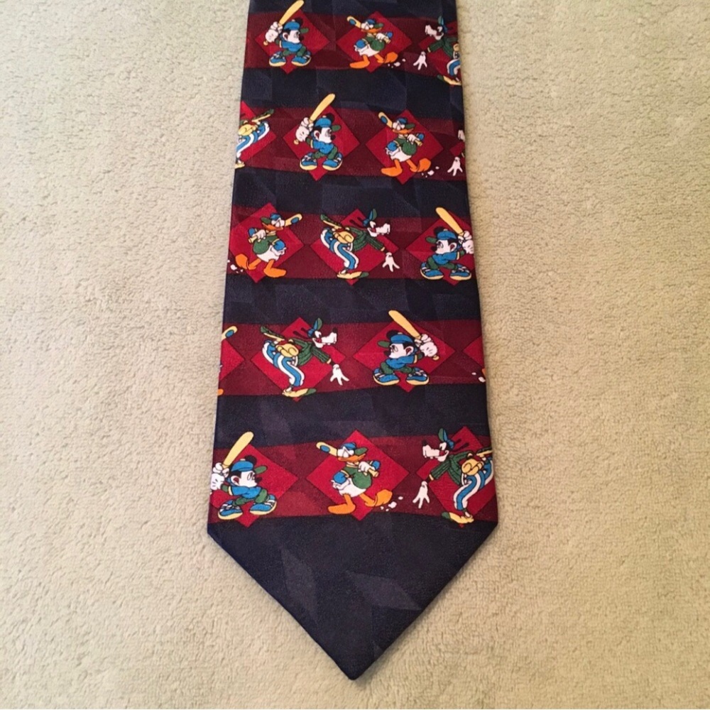 Disney necktie baseball sports Mickey Mouse Donald Duck Goofy silk navy blue